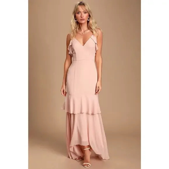 Lulus Blush Pink Maxi Dress Women’s Medium Ruffle V-Neck High Low Chiffon - Picture 1 of 11